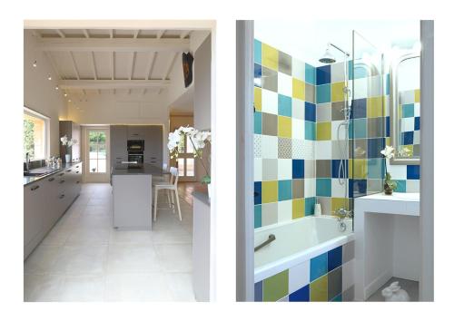 Il comprend une cuisine et une salle de bains pourvue d'une baignoire et d'un lavabo. dans l'établissement Nid d’aigle panorama Luberon, à Roussillon