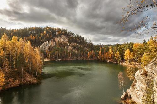 a large lake in the middle of a forest at Penzion U Karabiny in Adršpach