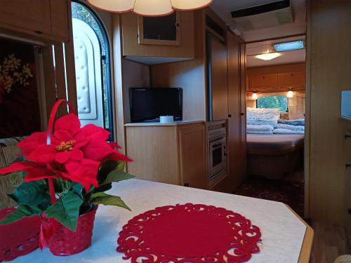 a table with a red plate and a red flower on it at Santa's winter Caravan-Kabe Royal in Rovaniemi
