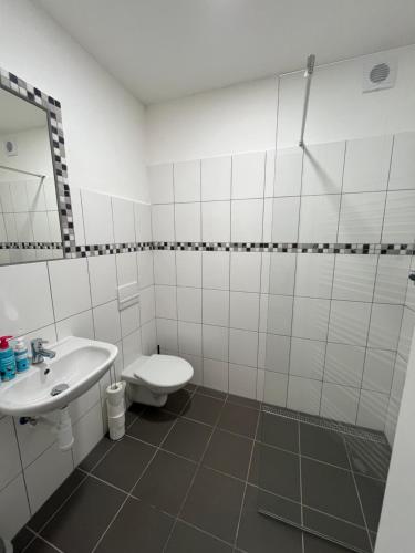 a white bathroom with a toilet and a sink at Penzion Kopanský mlýn in Statenice