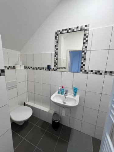 a bathroom with a sink and a toilet and a mirror at Penzion Kopanský mlýn in Statenice