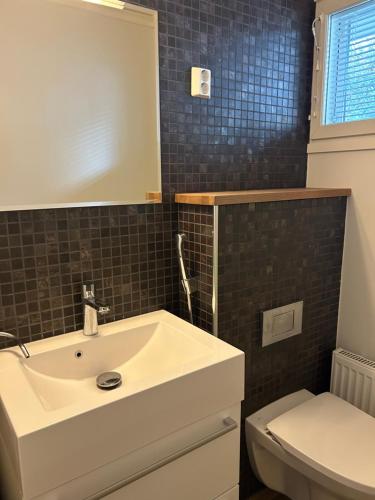 a bathroom with a sink and a toilet at Kaamos City House in Rovaniemi
