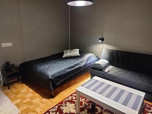 a living room with a bed and a couch at Mäntypää, keskellä Vuokattia in Vuokatti