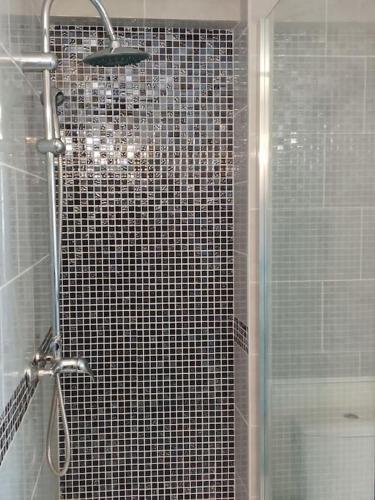 une douche avec une porte vitrée dans une salle de bain dans l'établissement Appartement chic et cosy, au Barcarès