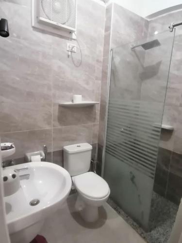 a bathroom with a toilet and a sink and a shower at Rezeiky Hotel & Camp in Luxor