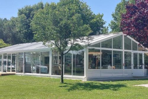 ein Glasgebäude mit einem Baum im Gras in der Unterkunft Belle maison au bord du plan d'eau in Saint-Jean-dʼAngély