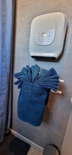 - une serviette bleue et un sèche-cheveux au sol dans l'établissement Magnifique F2 du bonheur, à Besançon