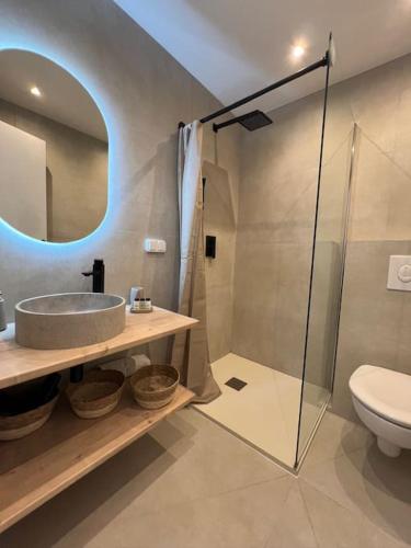 une salle de bain avec un lavabo, des toilettes et un miroir dans l'établissement Magnifique T2 proche mer et ville refait à neuf avec terrasse, à Menton