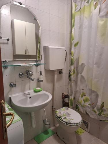 Un baño con lavabo, inodoro y espejo. en Adriatic Luxury Flat, en Budva
