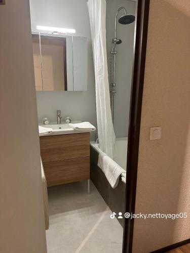 une salle de bain avec un lavabo et une douche dans l'établissement Chez Margaux a Colchique, à Sainte-Marie-de-Vars