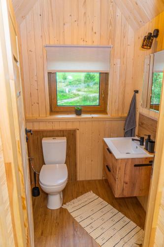 a small bathroom with a toilet and a sink at Niedźwiedzia Chatka in Rzepiska