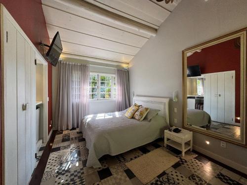 a bedroom with a bed and a large mirror at Auberge Suisse Pousada in Nova Friburgo