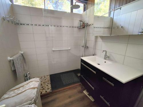 une salle de bain avec un lavabo et une douche avec un miroir dans l'établissement Villa rénovée avec jardin, terrasse, clim et WiFi à Lège-Cap-Ferret - FR-1-736-43, à Lège-Cap-Ferret