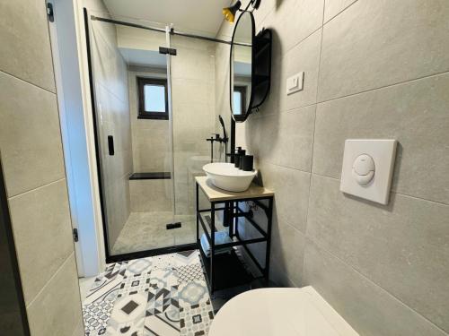 a bathroom with a sink and a shower at Studio Karin in Trviž
