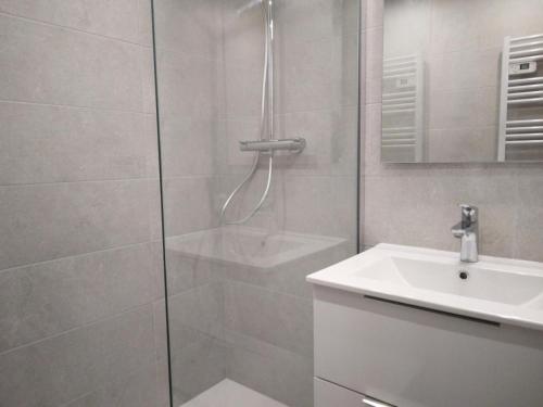 une salle de bain avec douche et lavabo dans l'établissement Résidence Carroley B - Studio pour 4 Personnes 08, à Mâcot La Plagne