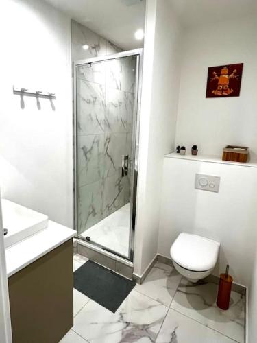 une salle de bain blanche avec douche et toilettes dans l'établissement Le LEGO, 3 chambres, 8 personnes et parking, centre, à Grenoble