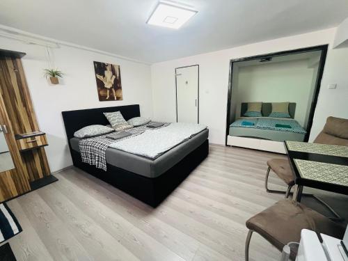 a bedroom with a bed and a mirror in it at Apartmánek Patricie room with kitchenette suitable for 2 adults and 2 children in Mikulov