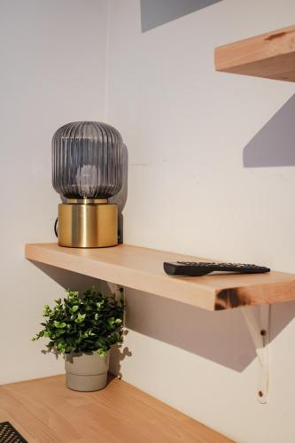 a shelf with a lamp and a plant on it at Studio Bethel in Liège