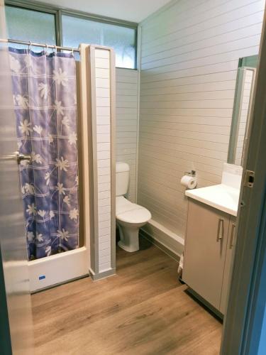 a bathroom with a toilet and a shower curtain at Happy Wanderer Holiday Resort The Grampians in Wartook
