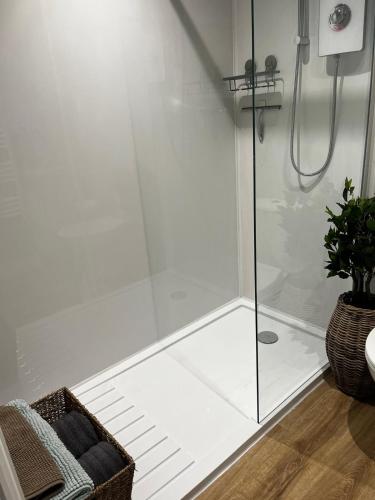 a shower with a glass door in a bathroom at Little Pear Tree in Stock