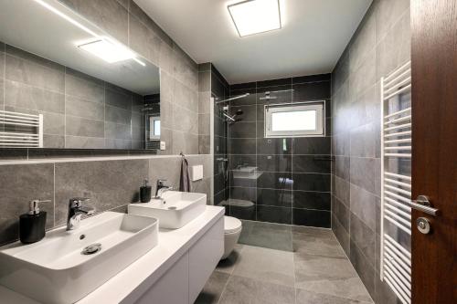 a bathroom with two sinks and a toilet and a shower at Chata Henry in Krásná