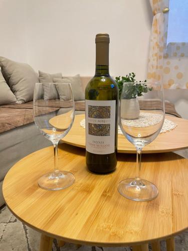 ヤブラナツにあるApartment Lucijaのワイン1本とワイングラス2杯(テーブル上)