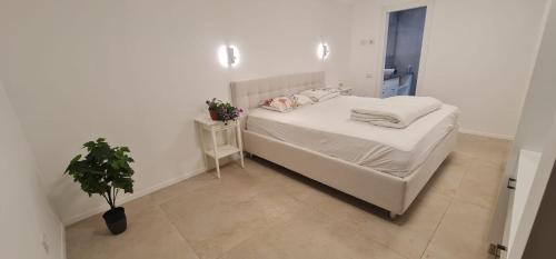 a white bedroom with a bed and a potted plant at המטרופולו in Caesarea