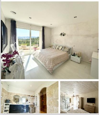 - deux photos d'une chambre avec un lit et une fenêtre dans l'établissement Charmante bastide, au Cannet-des-Maures