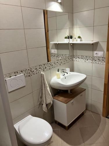 a white bathroom with a toilet and a sink at Ádám Vendégház in Villány