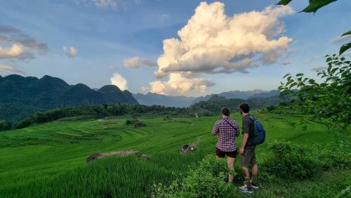 two people standing in a field looking at a green field at Inh La Home Pu Luong in Pu Luong