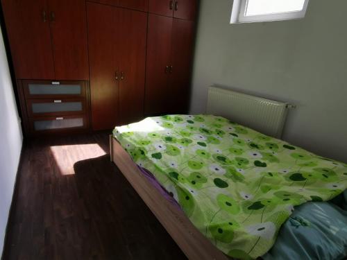 ブカレストにあるColiving WeDiscover Bucharestのベッドルーム1室(ベッド1台、緑の掛け布団付)
