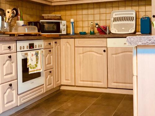 a kitchen with white cabinets and a microwave at Ferienhaus Zittau Oberlausitz & Ferienwohnung am Hamann Berg in Zittau
