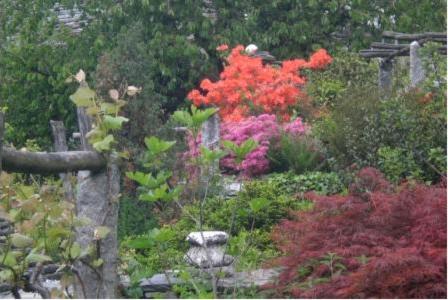 um jardim com flores coloridas e uma cerca de pedra em Casa Giulia em Maggia