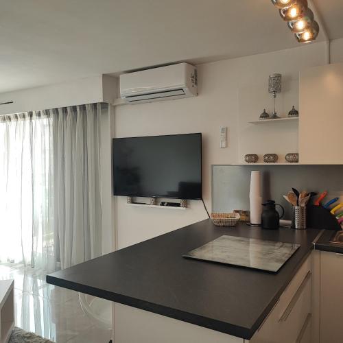 Il comprend une cuisine avec un comptoir noir et une télévision à écran plat. dans l'établissement Cap d'Agde centre port, au Cap d'Agde