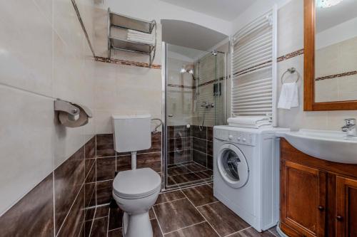 a bathroom with a toilet and a sink and a washing machine at Mirage Apartments Váci Street in Budapest