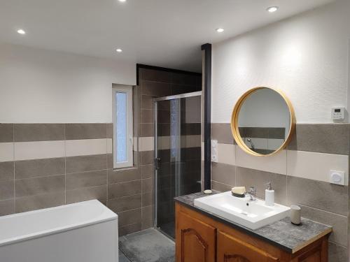 a bathroom with a sink and a mirror at Maison Au Pays des Etangs in Lorquin