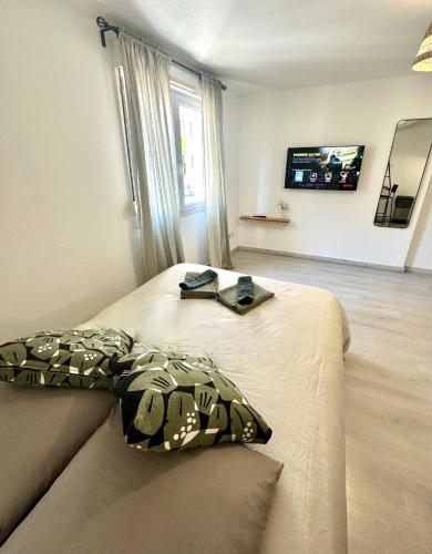 une chambre avec un lit avec une télévision au mur dans l'établissement Studio Gare entièrement Rénové, Wi-Fi, Clim, Tram, 15 min des Plages, à Montpellier