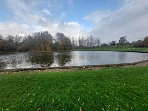 a large pond in a field with green grass and trees at Vakantiehuis 2 Wheels 2 Relax in Wellen