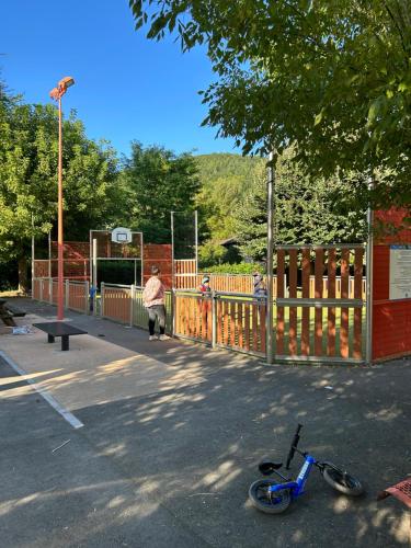 a bike laying on the ground next to a fence at La petite maison d'Arbas in Arbas