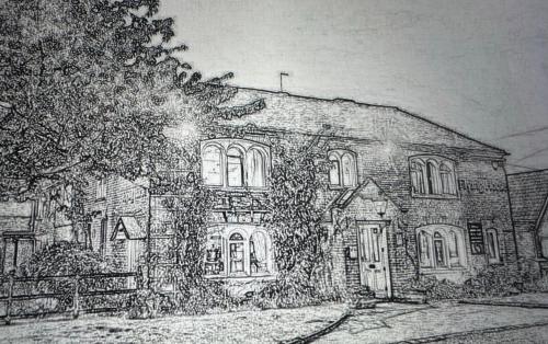 a pencil drawing of a house at The Flying Horse Inn in Boughton Aulph