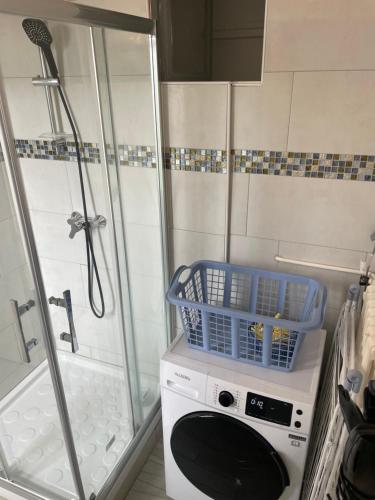 - un lave-linge avec un panier bleu dans la salle de bains dans l'établissement F2 Avenue Foch, au Havre