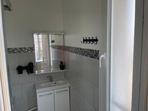 une salle de bain blanche avec un lavabo et un miroir dans l'établissement F2 Avenue Foch, au Havre