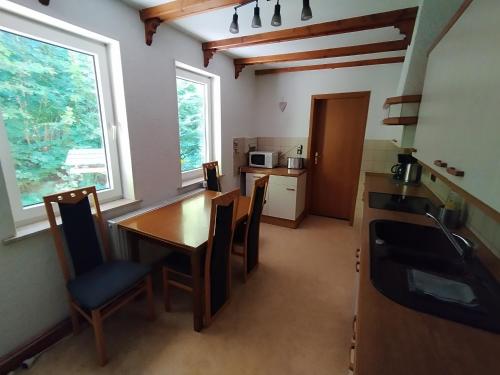 a kitchen with a table and chairs in a room at Haus am Wald Zorge 16+ Gäste in Walkenried