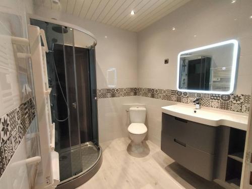 une salle de bain avec toilettes, lavabo et douche dans l'établissement Gîte du Midi de Saint-Porchaire - Charmante maison de vacances avec piscine chauffée, à Saint-Porchaire