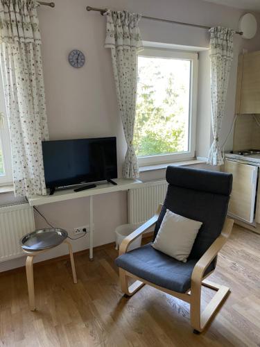a living room with a chair and a television at Ferienwohnungen Ollarzried in Ollarzried