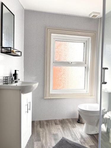 a bathroom with a toilet and a sink and a window at Apartment 6 in Blackpool