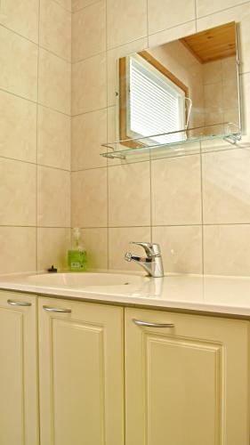 a bathroom with a sink and a mirror at Niemenkärki from offerhut 23 in Kouvola