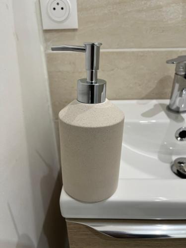 - un distributeur de savon installé au-dessus d'un lavabo dans l'établissement T2 Cosy proche parc de la Hotoie, à Amiens