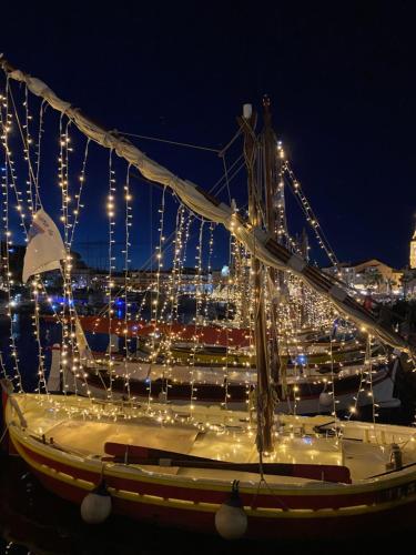 a boat with christmas lights on it at night at Les jardins de la Méditerranée in Six-Fours-les-Plages