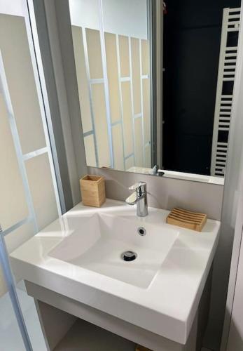 - un lavabo blanc dans la salle de bains avec un grand miroir dans l'établissement Chalet Finistère-Sud avec piscine chauffée, à Pont-lʼAbbé